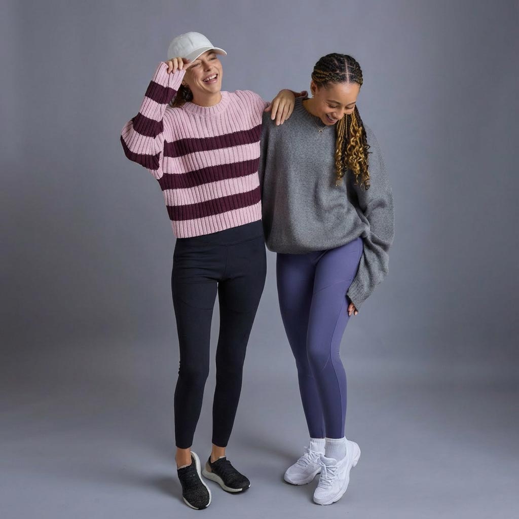 two women in born2be leggings, black and dusk blue, worn with jumpers and trainers